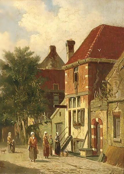 Villagers In A Sunlit Street Of A Dutch Town Oil Painting by Adrianus Eversen