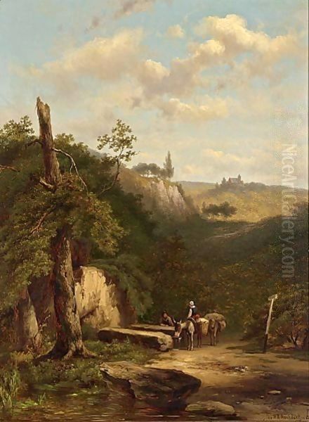 Resting Travellers In A Wooded Landscape Oil Painting by Johannes Hermann Barend Koekkoek