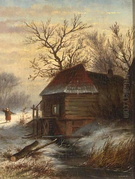 Peasant In A Winter Landscape Oil Painting by Johannes Franciscus Hoppenbrouwers