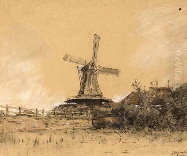 A View Of A Farm And Windmill Oil Painting by Jan Hillebrand Wijsmuller