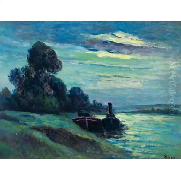 Peniches Sur La Seine Oil Painting by Maximilien Luce