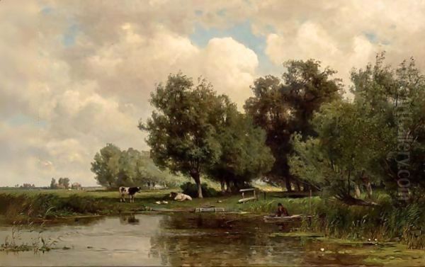 An Angler In A River Landscape Oil Painting by Jan Willem Van Borselen