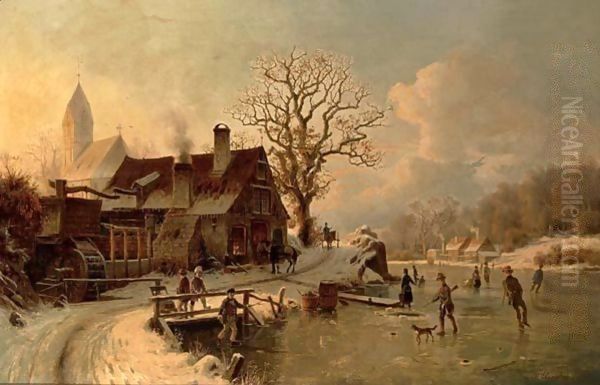 Figures Skating On A Frozen Lake Oil Painting by Johannes Bartolomaus Duntze