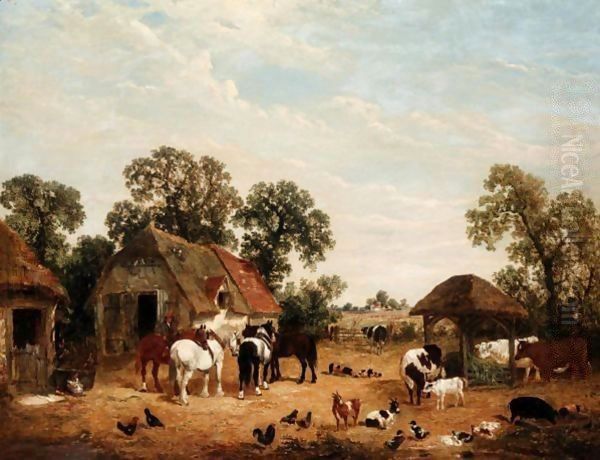 Animals In A Farm Yard Oil Painting by John Frederick Herring Snr