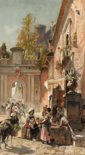 Gathering At The Water Fountain Oil Painting by Franz Theodor Aerni