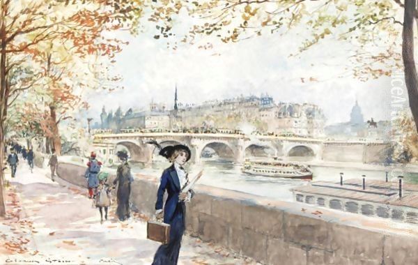 Elegant Ladies By The Banks Of The Seine, Paris Oil Painting by Georges Stein