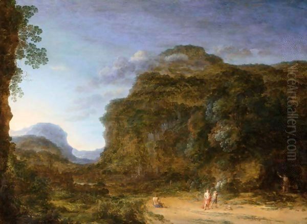 A Rocky Landscape With Figures And A Dog Oil Painting by Gilles Neyts