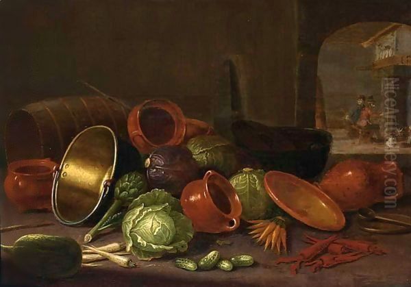 A Still Life With Earthenware Pots, A Barrel, Cabbages, Carrots, And Gherkins In The Foreground Oil Painting by Floris Gerritsz. van Schooten