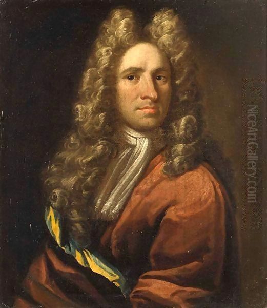 A Portrait Of A Gentleman, Half Length, Wearing A Red Coat With A White Shawl And A Wig Oil Painting by Sir Godfrey Kneller