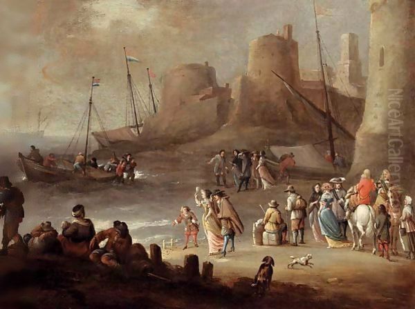 A Mediterranean Coastal Landscape With Elegant Figures On A Beach With Fishermen Unloading Their Catch, A Fortified Town Beyond Oil Painting by Hieronymus Janssens