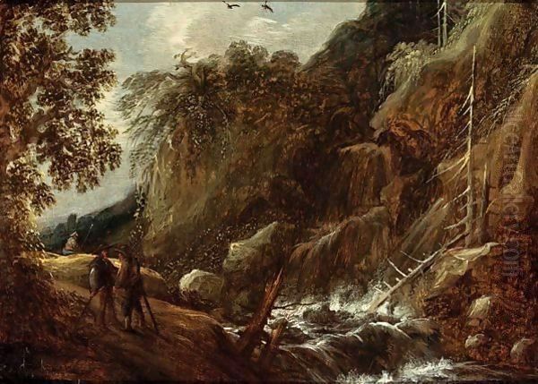 A Wooded River Landscape With Figures Conversing On A Path Near A Waterfall Oil Painting by Francois Van Knibbergen