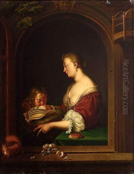 A Mother And Two Children In A Window Together With A Squirrel Oil Painting by Willem van Mieris