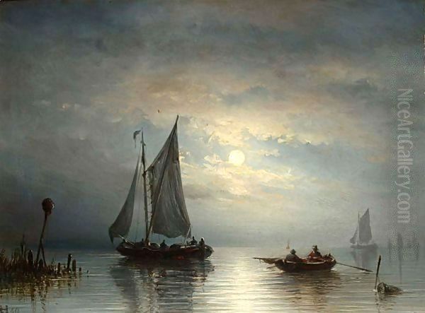 A Moonlit Coastal Landscape With Boats Oil Painting by Johannes Hilverdink