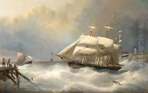 A Three-Master On Choppy Seas Oil Painting by Nicolaas Riegen