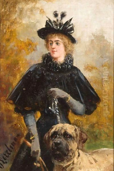 A Lady With A Dog Oil Painting by Otto Eerelman