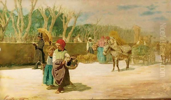 Going To The Market Oil Painting by Pietro Pajetta