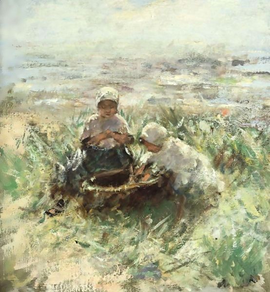 Children On The Dunes 2 Oil Painting by Robert Gemmell Hutchison