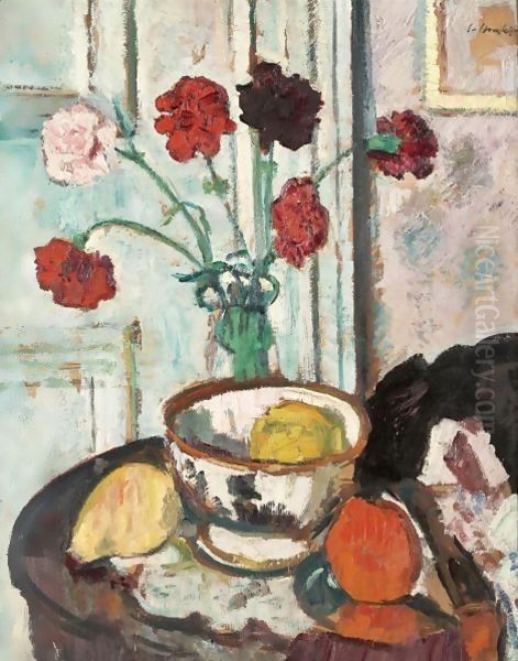 Still Life With Carnations And Fruit Oil Painting by George Leslie Hunter