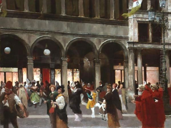 The Carnival Before Cafe Florian, Venice Oil Painting by Friedrich von Puteani