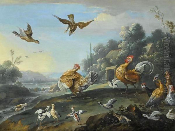 Chickens And Their Young Disturbed By Sparrow Hawks Oil Painting by Jan van Kessel