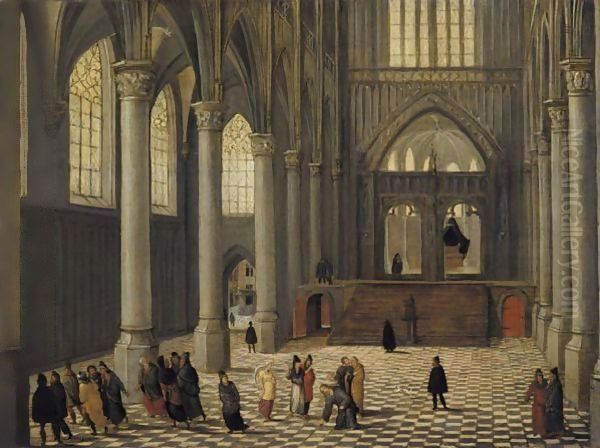 A Church Interior With Christ And The Woman Taken In Adultery Oil Painting by Abel Grimmer