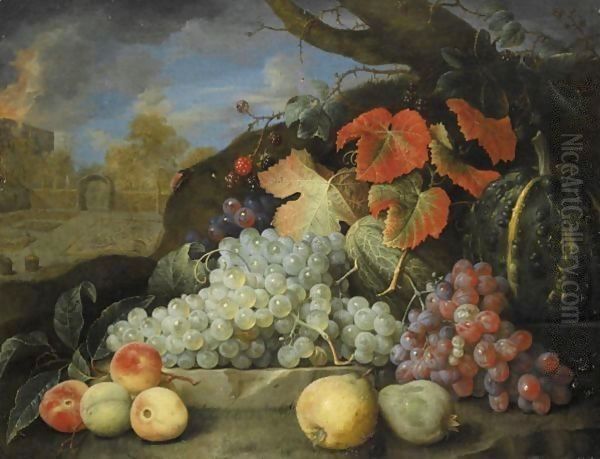 Still Life Of Grapes, Melons, Peaches And Pears Set In A Formal Garden Exterior Oil Painting by Joris Van Son