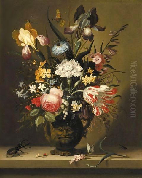 A Still Life Of Flowers, Including A Parrot Tulip, Irises And Roses, In A Grotesque Vase Oil Painting by Jacob Marrel