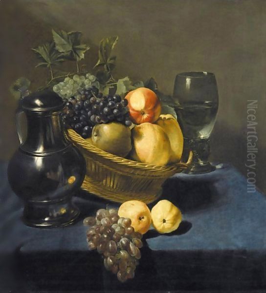 Still Life With Apples And Grapes In A Wicker Basket Oil Painting by Judith Leyster