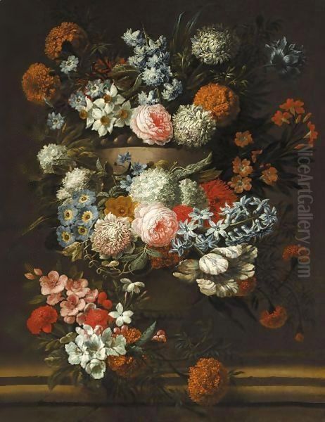 A Still Of Flowers In A Stone Urn, Including Roses And Chrysanthemums Oil Painting by Jan-baptist Bosschaert