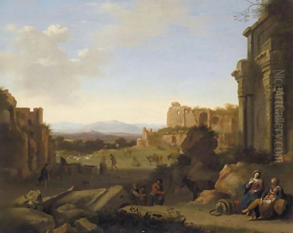 Italianate Landscape With The Rest On The Flight Into Egypt Oil Painting by Cornelis Van Poelenburgh