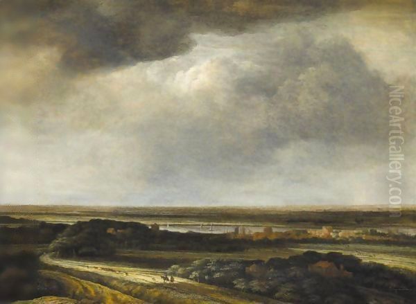 A Panoramic River Landscape With Drovers In The Foreground Oil Painting by Philips Koninck