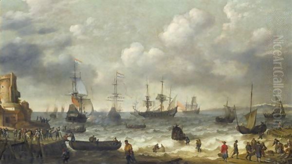 A Coastal Scene With Numerous Figures On The Shore, A Dutch Man O'War Firing Its Cannon Beyond Oil Painting by Abraham Willaerts