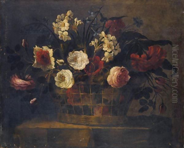 Still Life Of Flowers In A Wicker Basket Oil Painting by Juan De Arellano