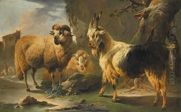 A Rocky Landscape With Sheep And Goats, A Horseman Before A House Beyond Oil Painting by Philipp Peter Roos