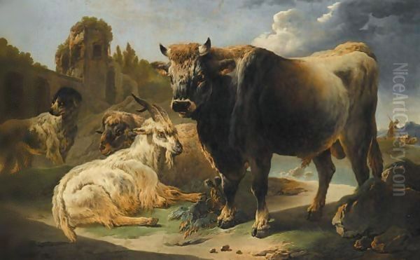 A Rocky Landscape With A Bull, Goat, Ram And Sheepdog Before A Set Of Ruins, A Shepherd And Flock Beyond Oil Painting by Philipp Peter Roos