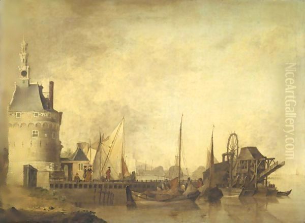 A Canal Scene With Elegant Figures On A Quay, Together With Peasants Loading Barges Oil Painting by Jan van Os