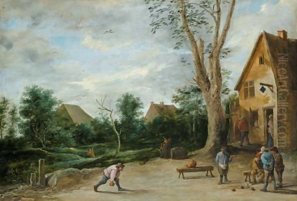 A Village Scene With Four Peasants Playing Bowls Before A Tavern, Two Cottages Beyond Oil Painting by David The Younger Teniers