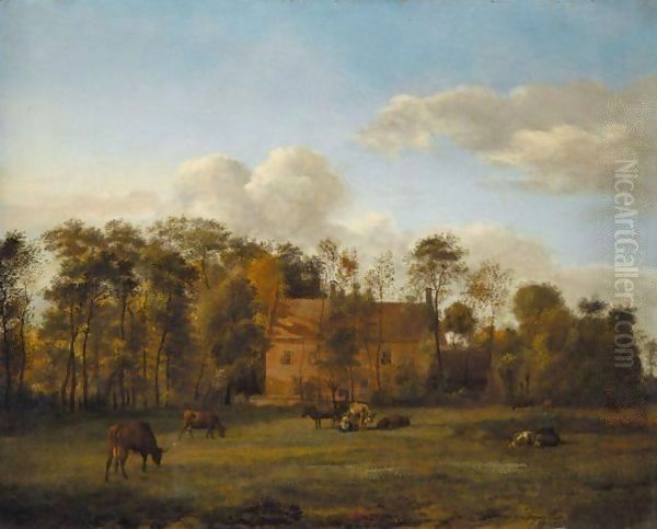 A Landscape With Cattle Grazing In An Open Field Before A Manor House, A Milkmaid At Work by Jan Van Der Heyden