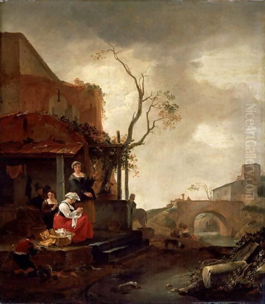 A Village Scene With Women Sewing And A Boy Peeling Vegetables At The Entrance To A Cottage Oil Painting by Thomas Wyck