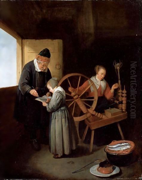 Interior With A School Master Teaching A Young Girl To Read, Another Girl Seated At A Spinning Wheel Oil Painting by Quiringh Gerritsz. van Brekelenkam