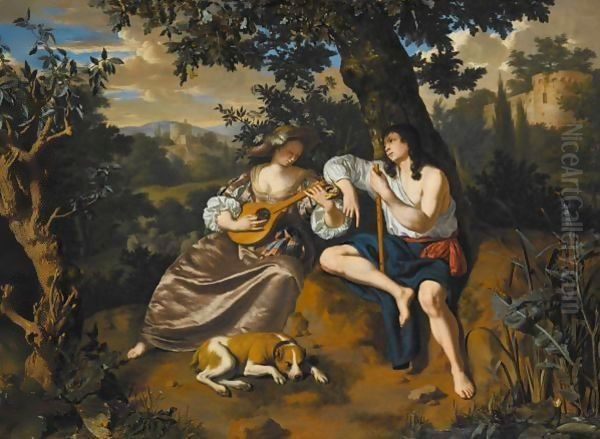 An Arcadian Landscape With A Shepherd Holding A Flute, Listening To A Shepherdess Playing A Stringed Instrument, A Dog Lying At Their Feet Oil Painting by Willem van Mieris