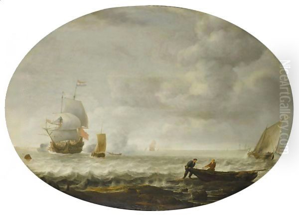 A Dutch Man Of War And Other Shipping Off A Coast, Fishermen Pushing Out To Sea In The Right Foreground Oil Painting by Simon De Vlieger