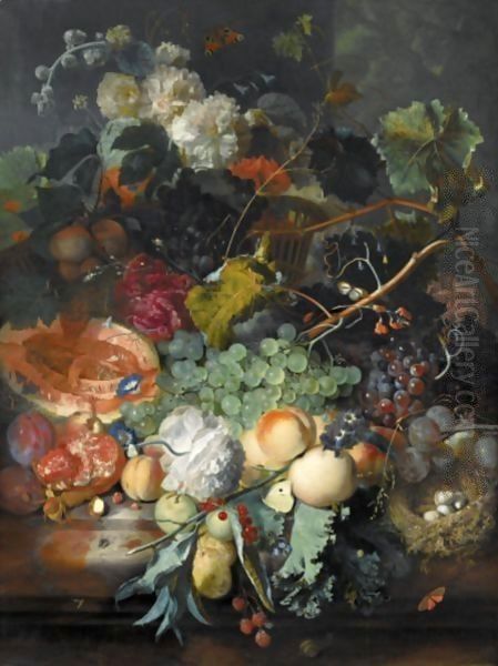 Still Life Of Fruit Upon A Marble Ledge, A Bird's Nest To The Right And A Basket Of Flowers Above, Insects Throughout Oil Painting by Jan Van Huysum