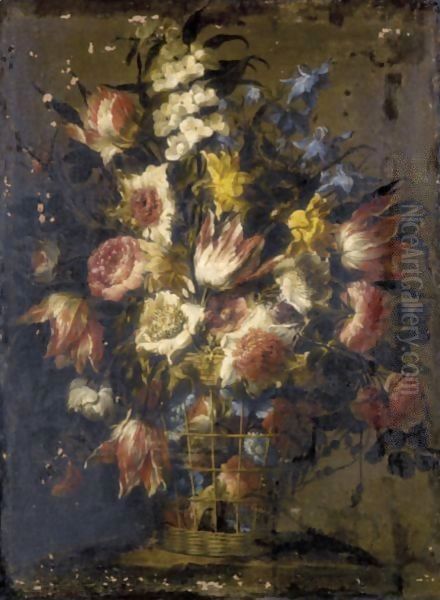 Still Life Of Flowers In A Wicker Basket 2 Oil Painting by Juan De Arellano