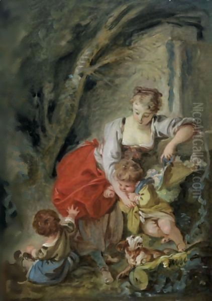 A Young Mother With Two Children And A Dog Oil Painting by Francois Boucher