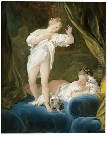 Two Girls On A Bed Playing With Their Dogs Oil Painting by Jean-Honore Fragonard