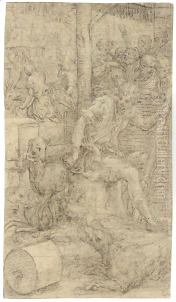 A Young Shepherd Seated On A Tree Trunk, Three Dogs Beside Him, Figures Beyond And Houses In The Background Oil Painting by Giulio Campi