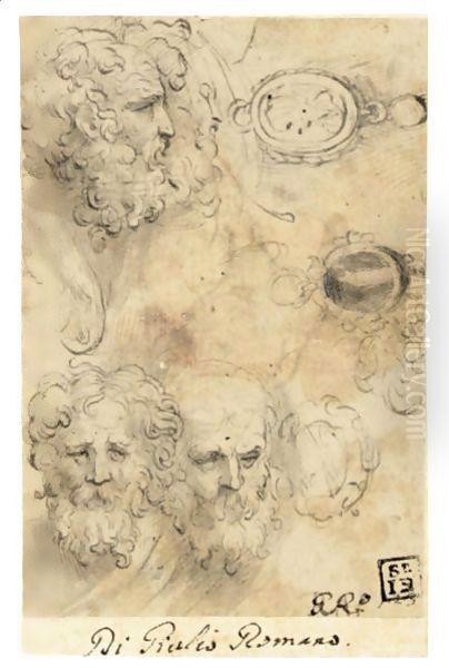 A Sheet Of Studies With Four Heads Of Bearded Men, One In Profile, And Three Studies Of Pendant Jewels, One With A Standing Figure And Another With An Oval Portrait Oil Painting by Girolamo Francesco Maria Mazzola (Parmigianino)