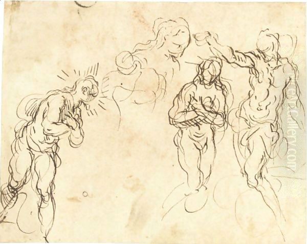 Sheet Of Figure Studies For A Baptism Of Christ Oil Painting by Palma Vecchio (Jacopo Negretti)