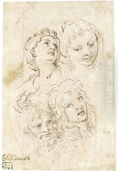 Study Of Four Heads And A Hand Oil Painting by Carlo Maratta or Maratti